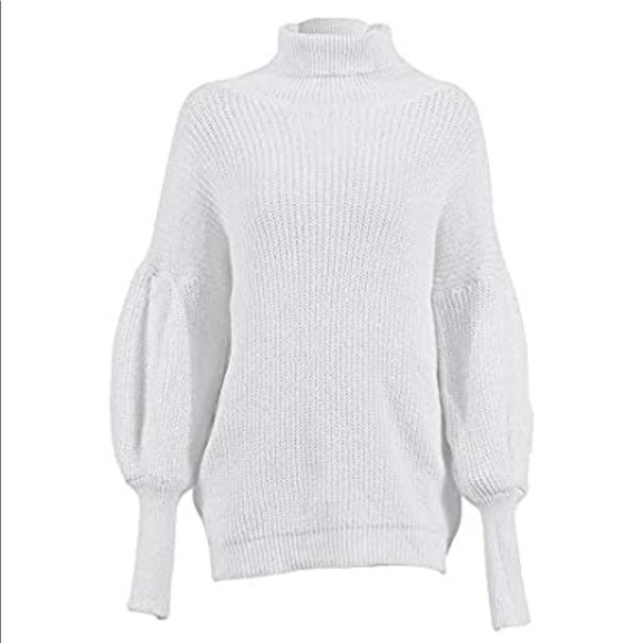 White Turtleneck Lantern Sleeve pullover Sweater - Picture 5 of 7